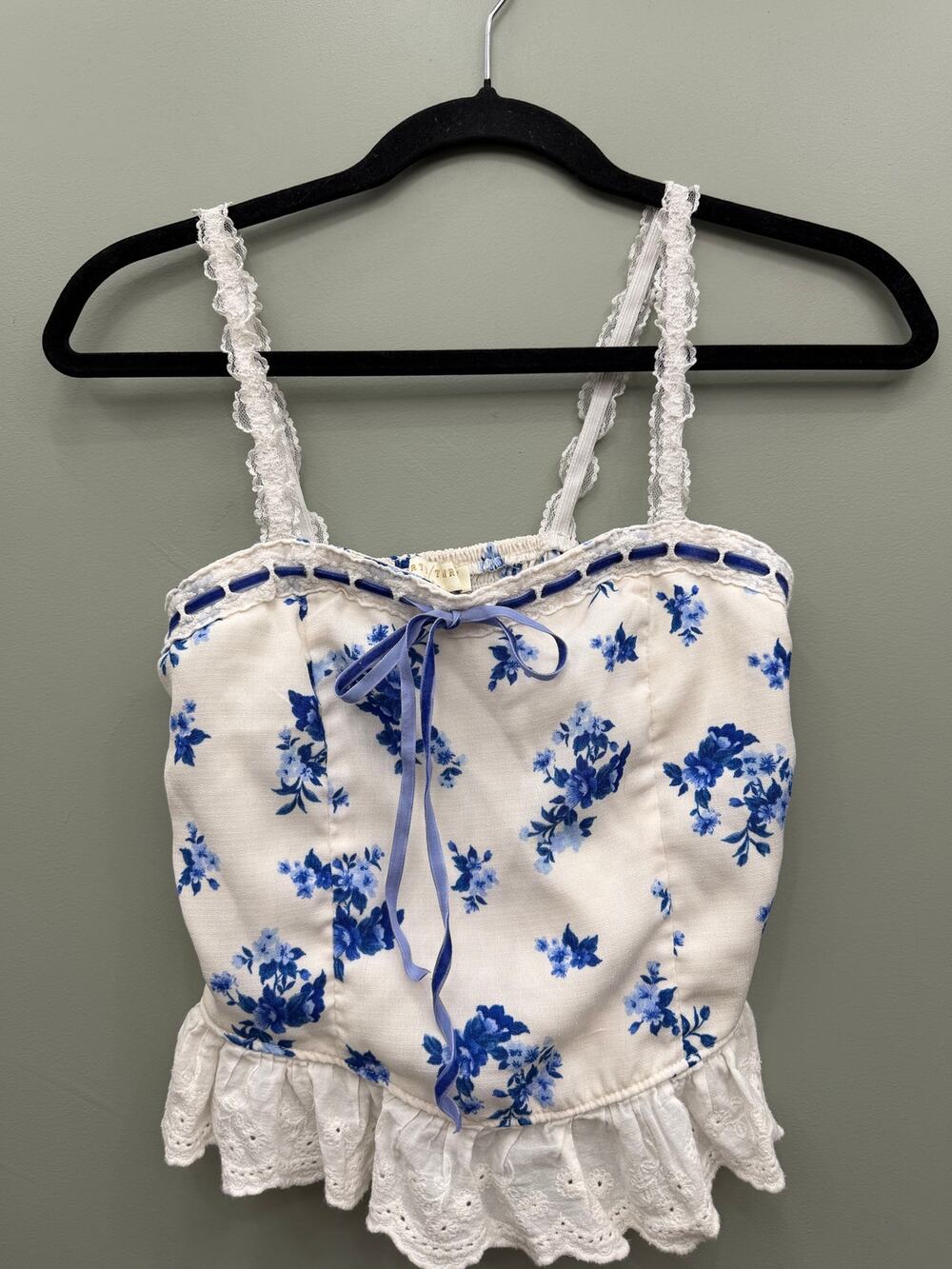 Artisan Blue Floral Corset Cami Top Lace Eyelet Peplum Coquette Cottagecore